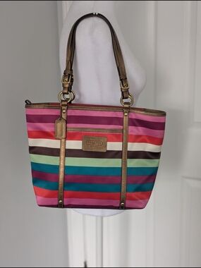 Coach Legacy Stripe Multicolored Sateen Tote with Metallic Leather Trim